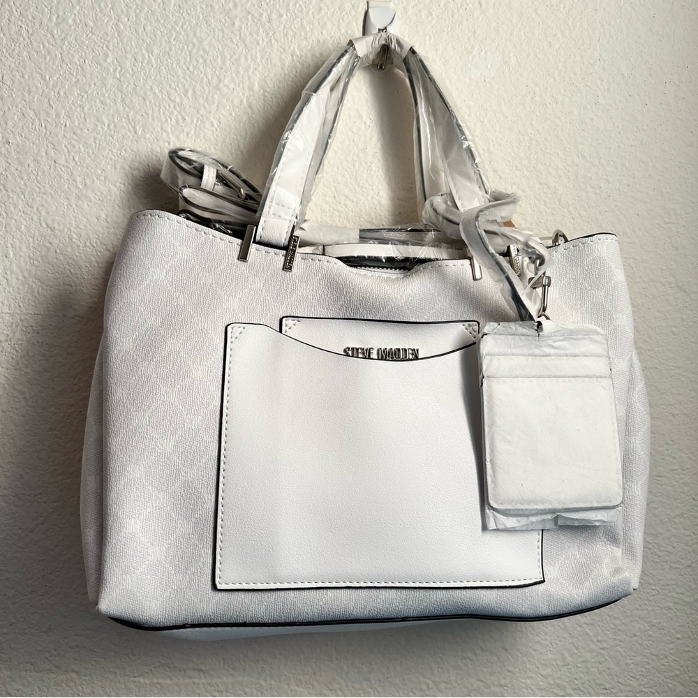 NWT Steve Madden satchel white logo with a large cosmetic bag or divider